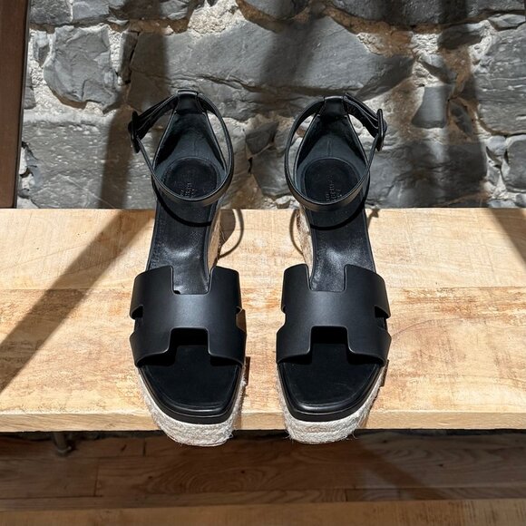 Hermès Black Leather Elda Wedges Espadrilles H Sandals - Picture 3 of 12